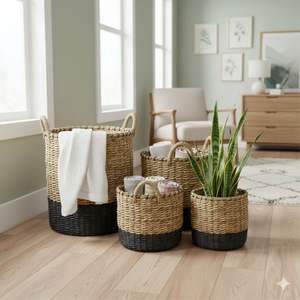 Ensemble de 3 paniers noirs en écorce de bananier, artisanat en plastique recyclé - Product Image 4