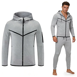 Ensemble de survêtement pour homme avec capuche rouge, veste à fermeture éclair à manches longues, pantalon noir, séchage rapide, tenue sportive pour l'automne - Product Image 6