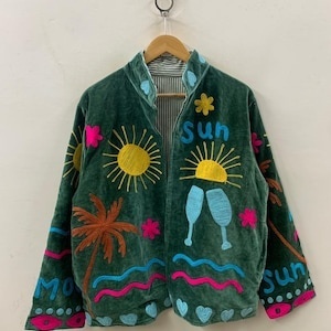 Winter Jacket Velvet Suzani Cropped Bohemian <b>Coat</b> with Floral Embroidery for Festivals or Casual Wear Gift for Her - Product Image 4