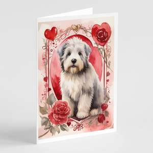 Antiguo perro pastor inglés con rosas de San Valentín caprichoso tamaño A7 5x7 tarjetas de notas en blanco paquete 8 tarjetas de felicitación con sobres - Product Image 1