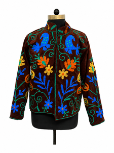 Veste en velours côtelé brodée à la main, col mandarin, manches longues, fermeture éclair, motif floral, style automne, veste pour femme - Product Image 1