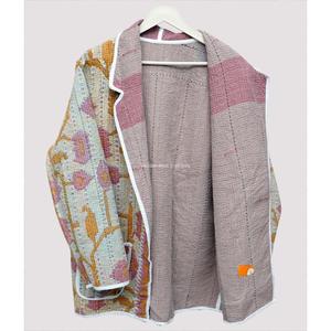 Chaqueta de invierno 100% algodón, estilo Kantha indio, acolchada, reversible, con cuello mandarín, costuras abiertas, estilo vintage, con bolsillo frontal. - Product Image 3
