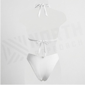<b>White</b> Ribbed Halter <b>Bikini</b> <b>Set</b> With Gold Jewelry Decoration For Women - Product Image 2