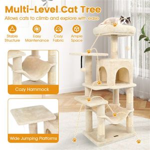 Albero per Gatti Multilivello Beige da 44 Pollici con Ampia Piattaforma Superiore, Cuccia a 2 Porte e Amaca per Gatti da Interno - Product Image 4