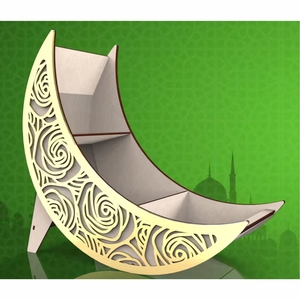 Luxury Wooden Ramadan Crescent Moon <b>Gift</b> Hamper Tray Wooden Crescent Shelf Dessert Dates Display Tray for <b>Eid</b> Mubarak Decor - Product Image 1