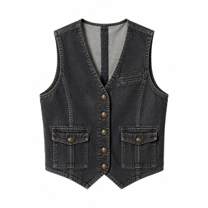 <b>Women's</b> Vintage Wash <b>Denim</b> <b>Waistcoat</b> with side pockets, Low MOQ Private Label Orders <b>for</b> US Apparel Retailers - Product Image 1