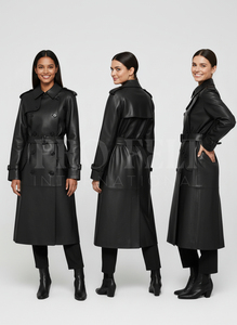 Manteau trench classique gris en cuir PU pour femme, double boutonnage, manches longues, col rabattu, imperméable - Product Image 6