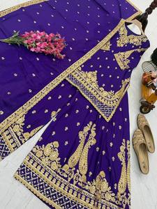 ชุดเดรสชาราร่าปักลายสีม่วงสำหรับผู้หญิง เสื้อผ้าชาติพันธุ์ปากีสถาน สำหรับงานปาร์ตี้และงานเทศกาล - Product Image 5