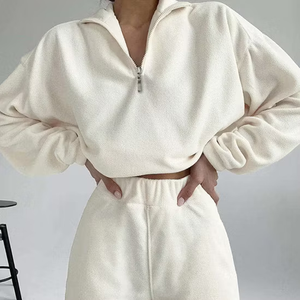 Women's Beige Knitted Tracksuit Set Long Sleeve Collar High Waist Loose Fit Solid Color Casual All Seasons Full Length Zipper - Product Image 6