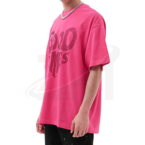 T-shirt rose oversize pour homme, manches courtes, en jersey de coton, col rond, imprimé graphique, motif lettres, style décontracté, logo avant en strass - Product Image 3