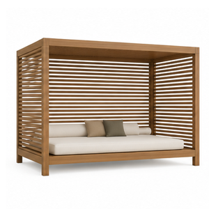 Artisanal Teak Wood Poolside Cabana Double Daybed Pavilion with Slatted Wall Panels - Product Image 3