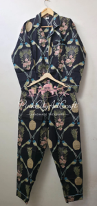 Women's Premium Cotton Hand Block Printed Summer Night Suit Set Elegant Long Sleeve Button-<b>Down</b> Shirt Full-Length Lounge <b>Pants</b> - Product Image 3