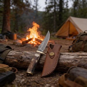 Cuchillo de Caza Personalizado Hecho a Mano de Acero de Damasco con Mango de Cuerno de Ciervo, Hoja Fija, Punta Caída, Cuchillo Táctico de Supervivencia - Product Image 4