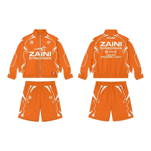 ZAINI Men's Winter Hooded Windbreaker Short <b>Set</b> 120 GSM Polyester <b>Knitted</b> Quick Dry Orange White Panel Design Silk Screen - Product Image 1