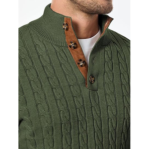 Olive Green Cotton Mens Thick <b>Cable</b> <b>Knit</b> <b>Sweater</b> with Front Logo Button Stand Collar Elbow Patch Warm Winter - Product Image 5