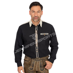 Chemise à manches longues noire pour homme, col boutonné, poche poitrine, style décontracté bavarois, chemise à carreaux en coton pour l'Oktoberfest - Product Image 2