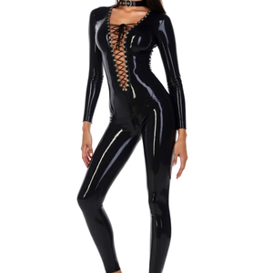Mono largo de mujer negro con revestimiento de PU, de manga larga, cintura alta, ajustado, estilo clubwear con detalle de cordones tipo corsé - Product Image 1