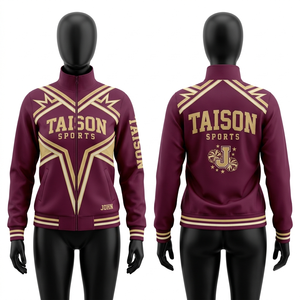 เสื้อแจ็คเก็ตฝึกซ้อมเชียร์ลีดเดอร์สำหรับผู้หญิง 275 GSM โพลีเอสเตอร์คุณภาพสูง ดีไซน์แผงสีแดงเลือดหมู ปักโลโก้ด้วยเทคนิค Heat Transfer - Product Image 1