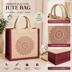Sac fourre-tout en jute bicolore personnalisé de qualité supérieure, écologique, réutilisable, pour les courses et les cadeaux, avec poignée en coton, 30x30x15cm - Product Image 1