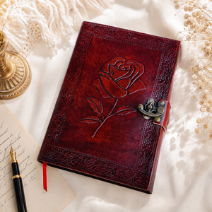 Red <b>Leather</b> Hardcover Diary With Embossed Rose Design And Metal Clasp - Product Image 1