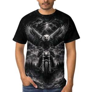 เสื้อยืดแขนสั้นสีดำสำหรับผู้ชาย พิมพ์ลายอินทรีและมอเตอร์ไซค์ ทรงปกติ คอกลม สไตล์นักขี่มอเตอร์ไซค์ ผ้าเจอร์ซีย์ - Product Image 1