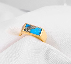Best Selling 7x14mm Pyrite <b>Turquoise</b> Stone Rectangle Gold Vermeil Handmade 925 Silver Bezel Setting Bohemian Style <b>Ring</b> For Her - Product Image 1