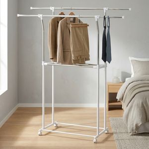 Estantes de exhibición de ropa de metal de doble barra Organizador EBay Fábrica Fabricante Hogar Artículos Almacenamiento Solución de almacenamiento de lavandería - Product Image 1