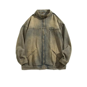 แจ็คเก็ตยีนส์วินเทจผู้ชายทรงโอเวอร์ไซส์ ซิปหน้า สไตล์สตรีทแวร์ คอตั้ง แจ็คเก็ตยีนส์เรโทร - Product Image 1