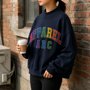 High Quality Oversized <b>Navy</b> Blue Sweatshirts Custom Logo Embroidery Style <b>Top</b> Cotton Varsity Applique Print For Women's Hoodies - Product Image 4