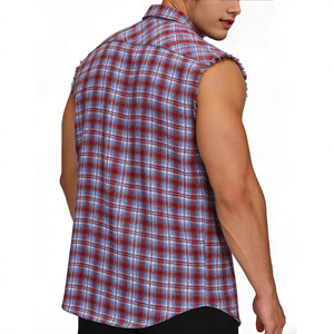 Mens Sleeveless Plaid Flannel Shirt Frayed Armhole Casual Button <b>Down</b> Muscle Fit Cotton Check 300g - Product Image 3