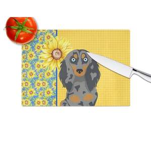 Tabla de cortar de vidrio templado decorativo Dachshund de girasoles de verano, tabla de servicio de cocina de gran tamaño para servir picar azul - Product Image 4