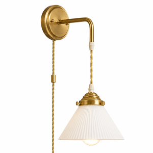 Modern Brass Swing Arm <b>Wall</b> Lamp Adjustable LED <b>Wall</b> <b>Sconce</b> Pleated Glass Pendant Light for Bedroom Living Room Hotel Reading - Product Image 1