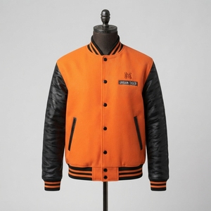 <b>Mens</b> Orange Tiger <b>Bomber</b> Jacket Embroidered Animal Design Black <b>Leather</b> Sleeves Custom Streetwear Fashion Outerwear - Product Image 4