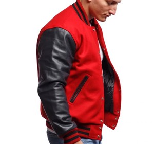 Wholesale 2025 Men's College Jackets with Custom Logo <b>Red</b> <b>Wool</b> Blank and Black PU Sleeves Letterman Baseball Jacket for Mens - Product Image 2