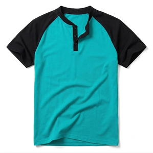 Men's Casual Raglan Sleeve Stand <b>Collar</b> <b>T</b>-<b>Shirt</b> Solid Color Block Slim Fit Knitted Short Sleeve Top - Product Image 3