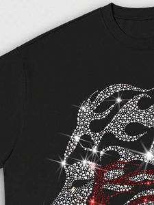 Camiseta Y2K para hombre con gráfico de estrella de fuego y diamantes de imitación, estilo oversize, retro, streetwear, de lujo, de algodón grueso, con cristales termoadhesivos, para chicos. - Product Image 3