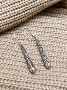 Boucles d'oreilles pendantes en laiton style tribal vintage pour femme, motif floral bohème, finition argent oxydé, bijoux délicats [Vente en gros/OEM/ODM] - Product Image 3
