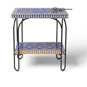 Taburete con Incrustaciones de Hueso Azul Rey y Estructura Metálica – Taburete Otomano de Lujo Hecho a Mano - Product Image 5