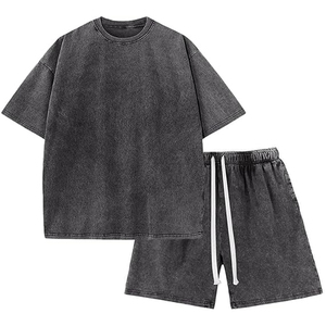 Men Custom Logo Acid Wash T Shirt Shorts <b>Set</b> Summer 2 Piece Outfit Cotton Casual Streetwear Matching <b>Set</b> - Product Image 1