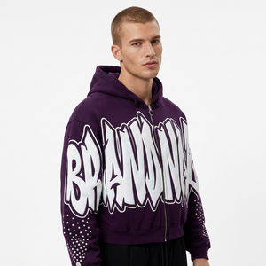 BRANDNAME Sweat à capuche zippé oversize unisexe en molleton style Hip Hop, imprimé lettres noir et blanc, manches classiques, style automne - Product Image 6