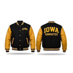 Iowa Hawkeyes Men's Varsity Jacket Black <b>Gold</b> Sleeve Embroidered Stand Collar Single <b>Button</b> Polyester Filled Winter Casual Wear - Product Image 1
