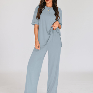 Conjunto de 2 Piezas para Mujer, Tejido, Holgado, Color Sólido, Cuello Redondo, Pantalones Largos de Pierna Ancha, Informal, Transpirable, de Algodón, para Todas las Temporadas - Product Image 2