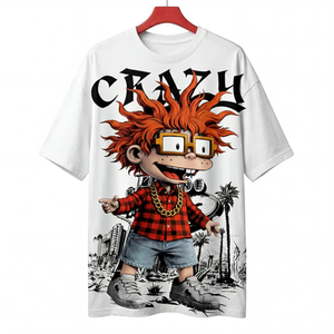 เสื้อยืดแขนสั้นสีขาวพิมพ์ลายการ์ตูนสุดเท่ห์ทรงโอเวอร์ไซส์ คอกลม สไตล์ลำลองแนวสตรีท เป็นมิตรกับสิ่งแวดล้อม - Product Image 1