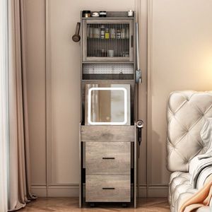 Compatto Mini angolo grigio Set di vanità piccolo spazio scaffali di stoccaggio luci LED stazione di ricarica nascosto sgabello trucco vanità - Product Image 4