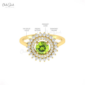 Chordia Jewels Women's 14k Solid <b>Gold</b> Natural 6mm Peridot <b>Ring</b> with Diamond Halo Flower Design Romantic Engagement Gemstone <b>Ring</b> - Product Image 6