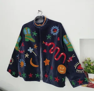 Veste bohème en velours bleu <span class=keywords><strong>marine</strong></span> brodée Suzani pour <span class=keywords><strong>femme</strong></span>, col montant, faite à la main, art populaire coloré, manteau d'automne pour <span class=keywords><strong>femme</strong></span> - Product Image 1