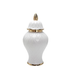 Ensemble de pots à gingembre en métal émaillé marbre blanc, pot de temple de luxe avec couvercle doré, urne de table, vase, centre de table - Product Image 2