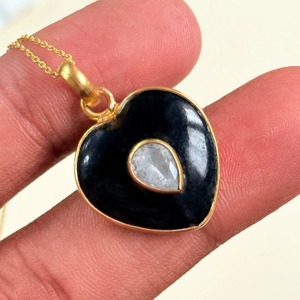 Natural Black Onyx Heart Pendant Wholesale Bulk 925 Sterling <b>Silver</b> Gold Plated Double Stone Inlay Gemstone Charm Jewelry Making - Product Image 5