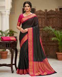 Sari en soie MYSORE noir et rose avec bordure Zari, tenue traditionnelle indienne pour mariage, pour femmes - Product Image 1