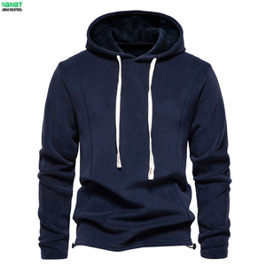Sweat-shirt à capuche en polaire bleu marine pour homme, coupe classique, décontracté, pour l'hiver, avec cordons de serrage blancs et poche avant - Product Image 1